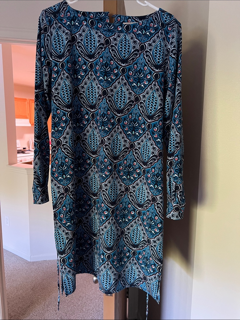 LOFT Teal Navy and Pink Long Sleeve Printed Shift Dress